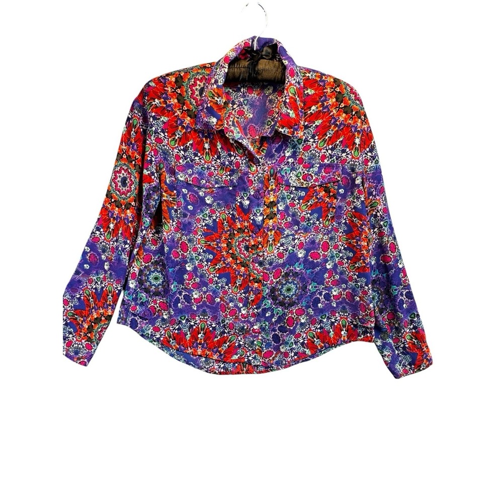 L'Amour Womens Large Colorful Floral Button Front Blouse Boho Purple Pink LS